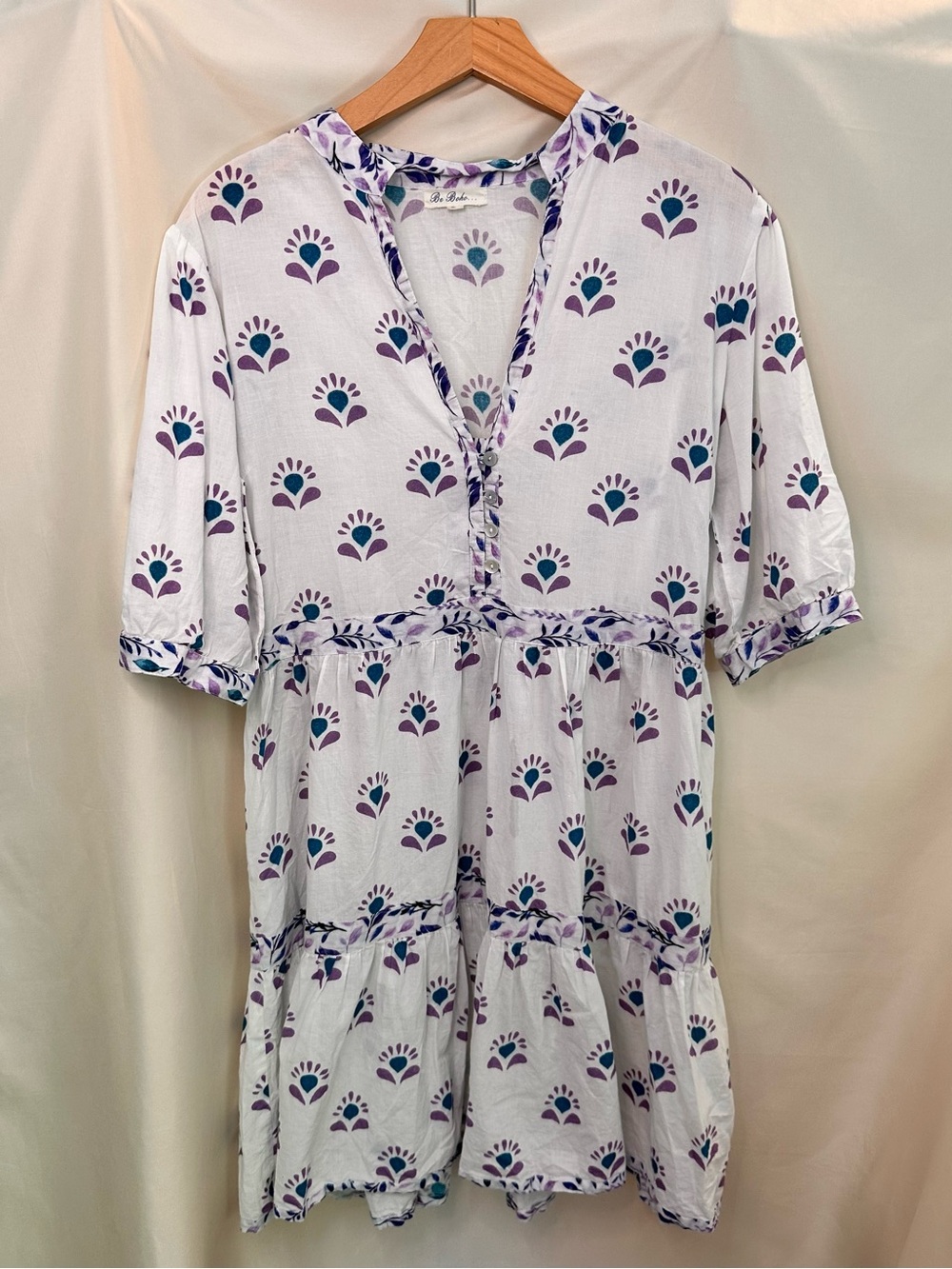Be Boho 🌷BLOCK PRINT preppy coastal White Floral beach cover-up Dress